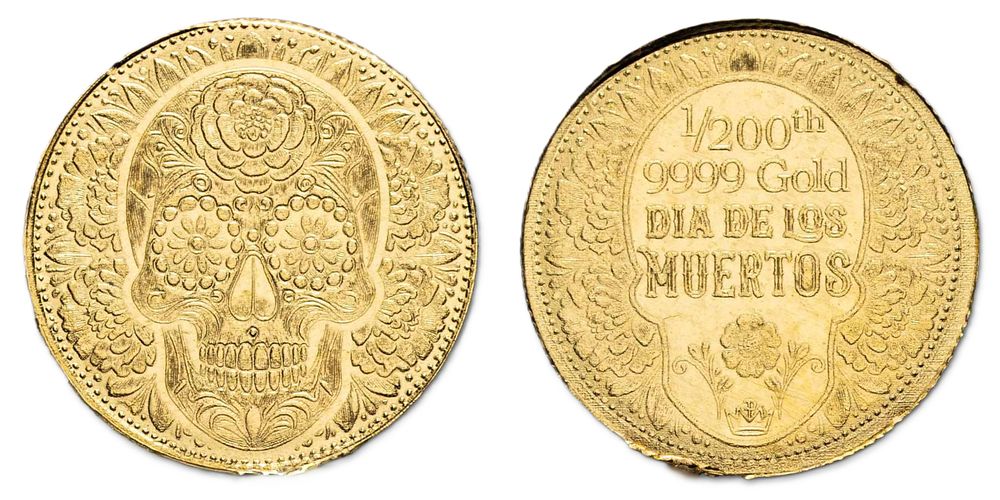 מדליה זהב טהור 9999 גולגולת פרחי ורדים, 
חג יום המתים המקסיקני בעיצוב מדהים.... פרטי המדליה: 