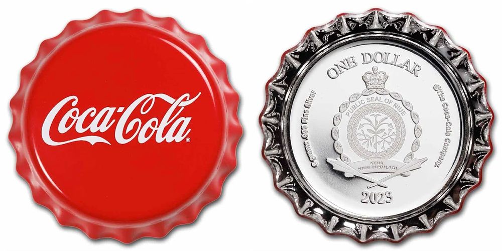 999 pure silver coin in the shape of a Coca-Cola bottle, 1 dollar, year 2023 new....(Special 