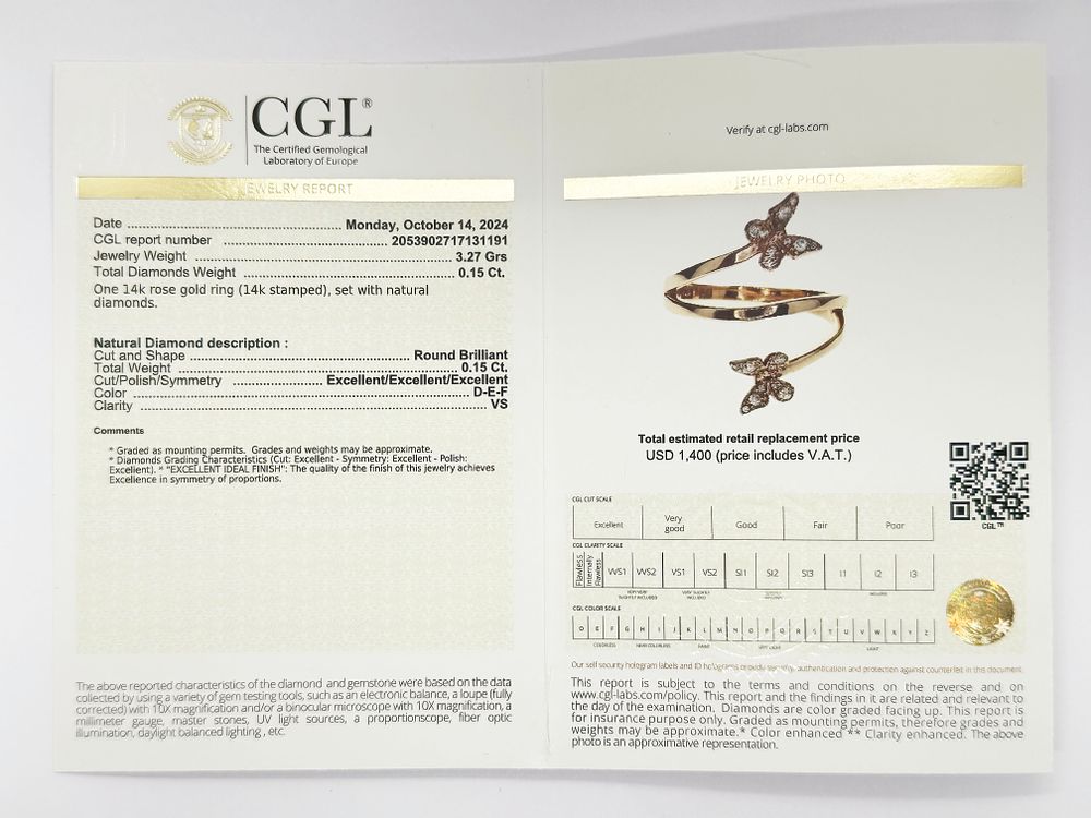 A very special butterfly model ring with natural diamonds 
In red gold (rose gold) new 14K.... * 