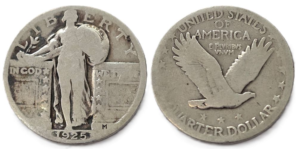 900 Fine Standing Liberty Quarter 1925 Silver Coin (Collectible Coin). Year of Issue: 1925 