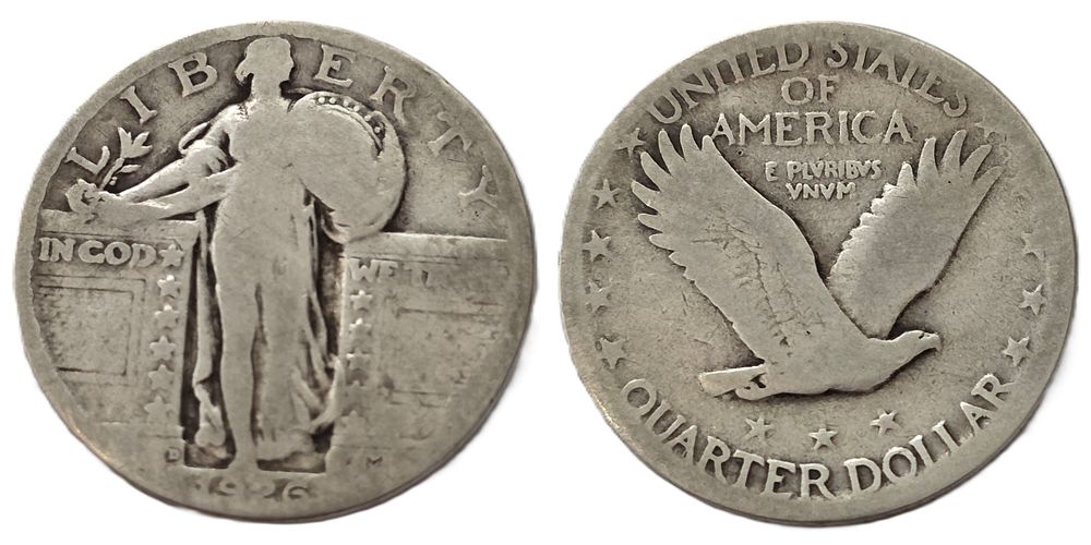 900 Fine Standing Liberty Quarter 1926 Silver Coin (Collectible Coin). Year of Issue: 1926 