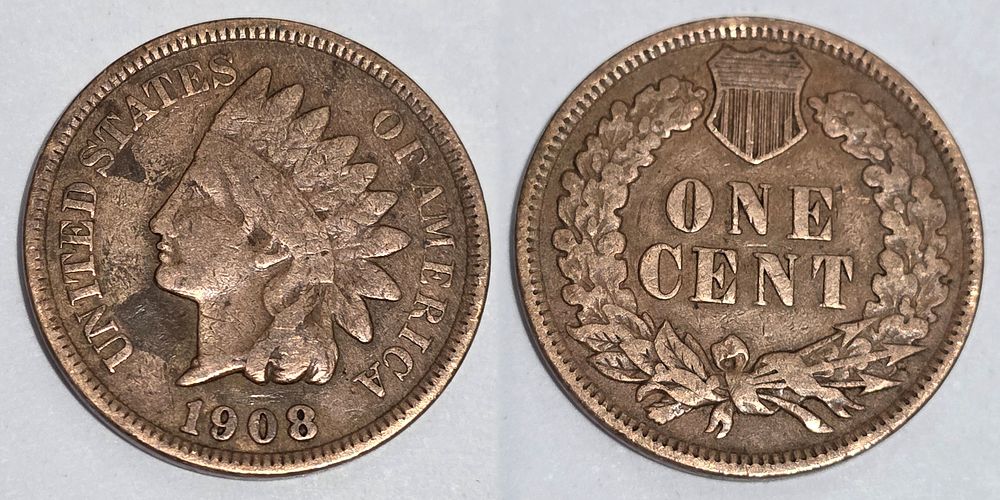 Brown Indian Head Cent Coin 
(Coin Collectors Over 116 Years). Country: USA 
Year: 1908 
Metal: 