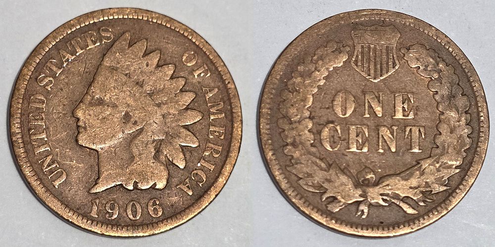 Brown Indian Head Cent Coin 
(Coin Collectors Over 118 Years). Country: USA 
Year: 1906 
Metal: 