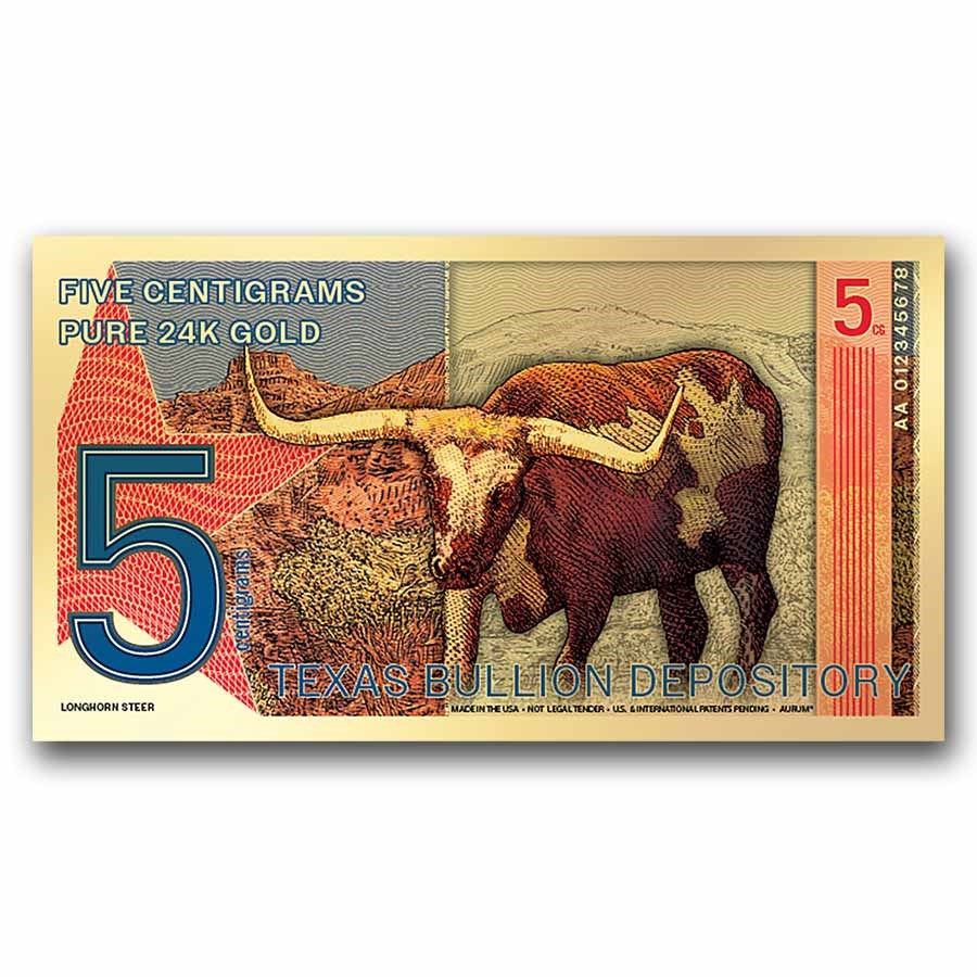 New USA 5 Centigram Texas Longhorn Gold Banknote.... The note contains 999 pure gold, (24K) 