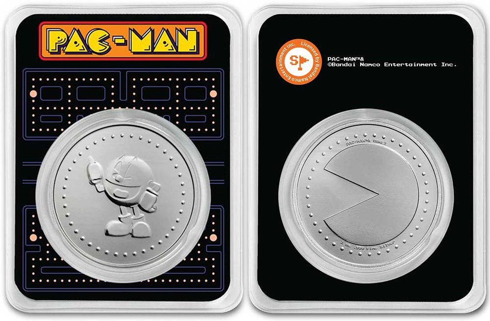 999 pure silver medal, PAC-MAN game ounce new.... Country: USA 
Metal: Silver 
Purity: 999 