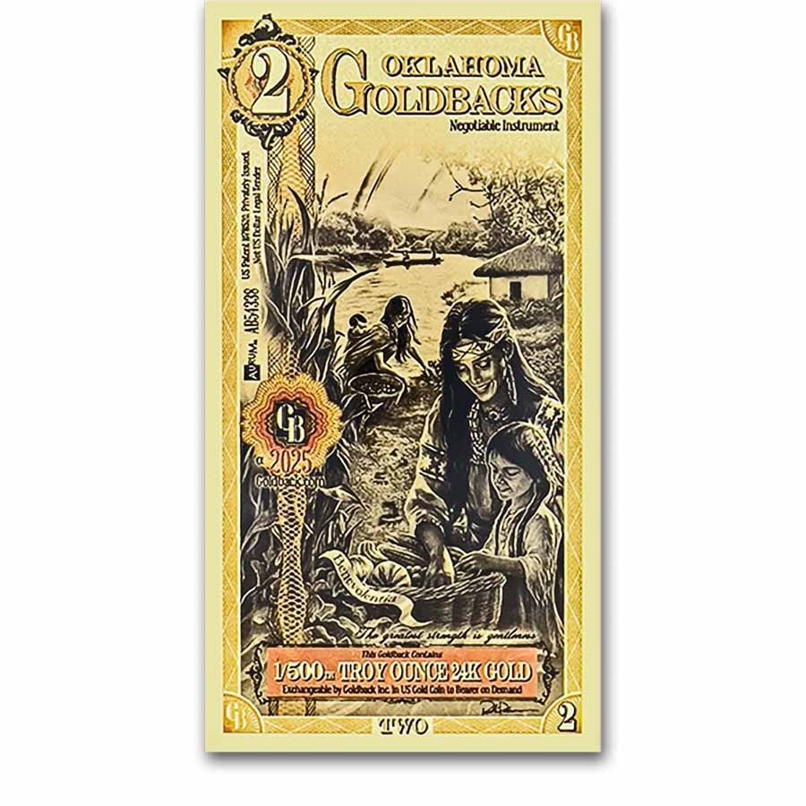 New Oklahoma USA 2 Goldback Gold Note.... The note contains 999 pure gold, (24K) 
State: 