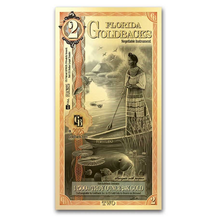 New Florida USA 2 Goldback Gold Banknote.... The note contains 999 pure gold, (24K) 
Country: 