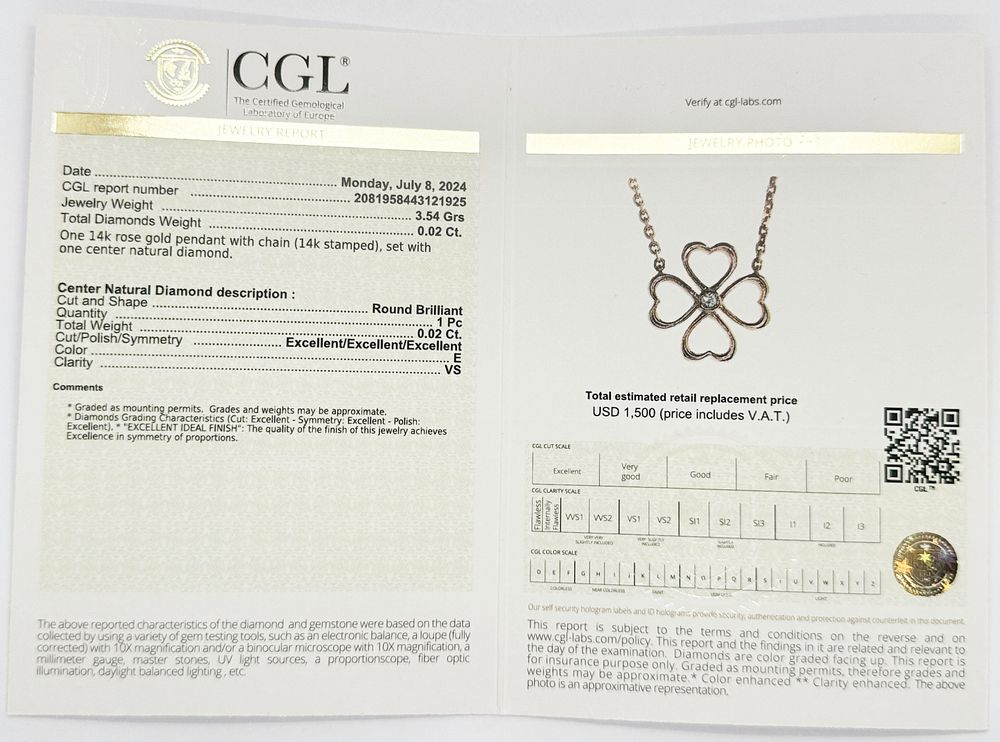 New pendant necklace heart clover model with natural diamond red gold 14K Design of Jacov's 