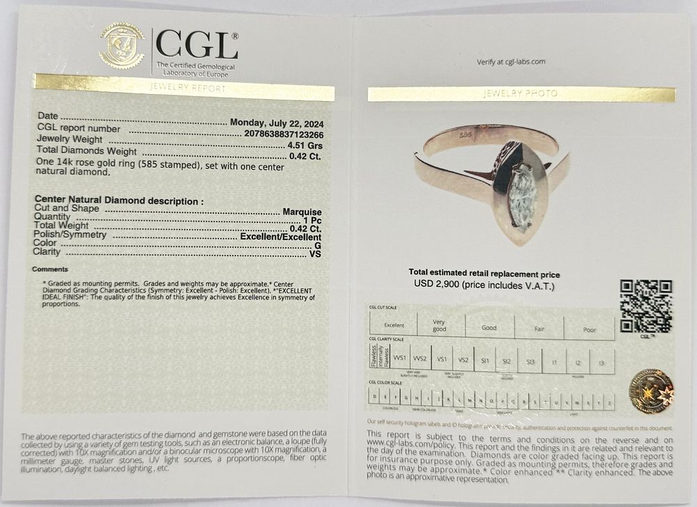 Anne vintage model ring, natural marquise diamond in red gold (rose gold) 14K, very special 