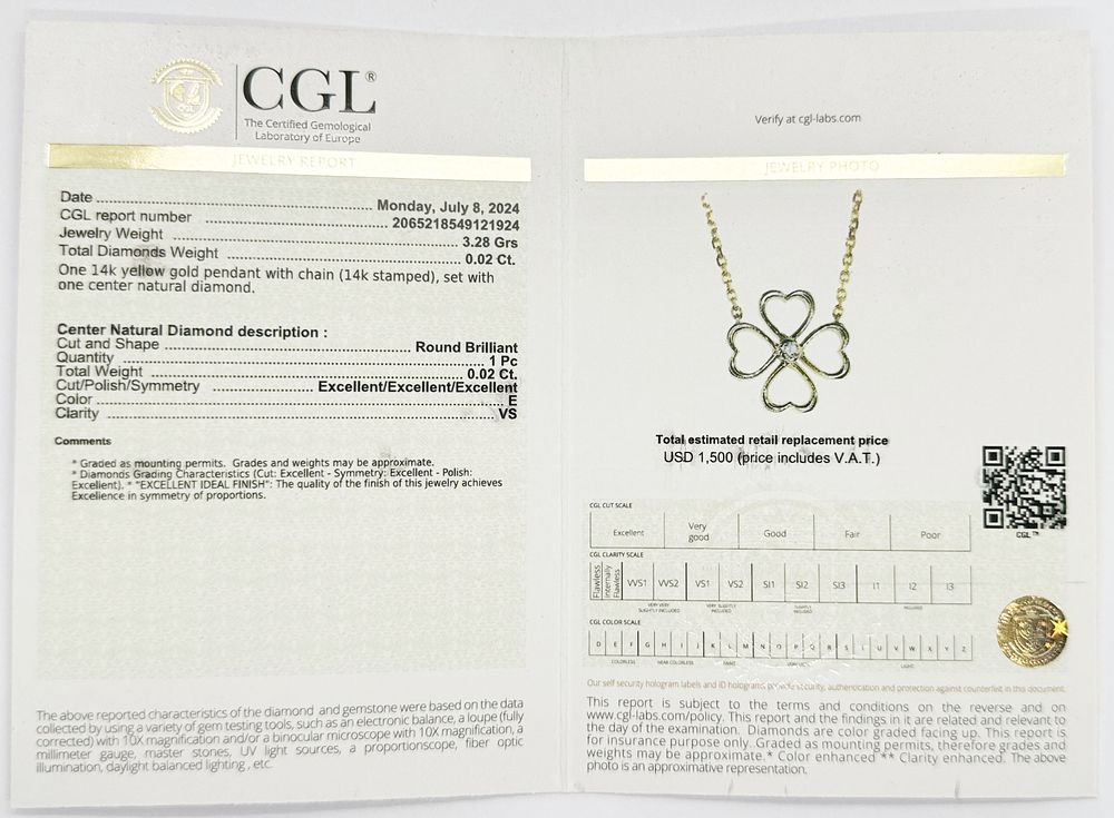 New pendant necklace heart clover model with natural diamond 14K yellow gold A special design 