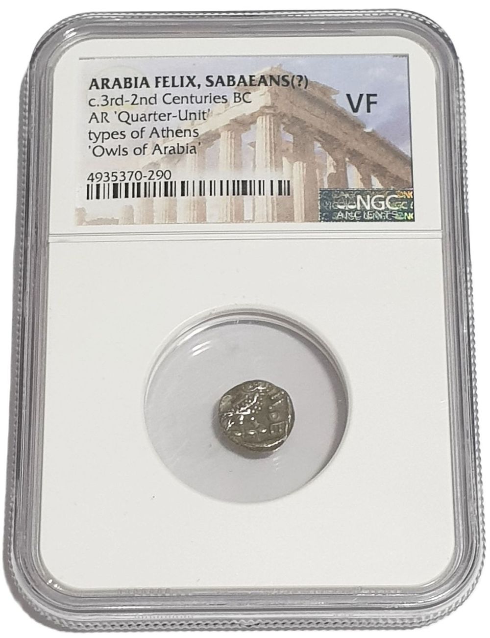 Arabia Felix silver coin. Sabaeans AR Quarter Unit Owl NGC
in VF condition (antique collection). 