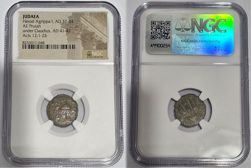 Ancient Judean Bronze Coin AE Prota Agrippa I 
(37-44 AD) (Graded NGC Antique Collectibles). Coin 