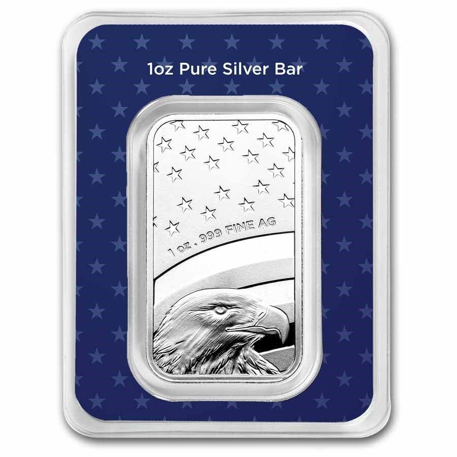 1 ounce 999 pure silver American Eagle bar in new sealed packaging. Country: USA 
Metal: Silver 