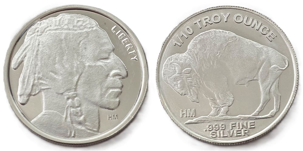 מדליית כסף טהור 999 של באפלו 1/10 אונקיה במצב UNC. מדינה: ארה"ב 
מתכת: כסף 
דרגת טוהר: 999 