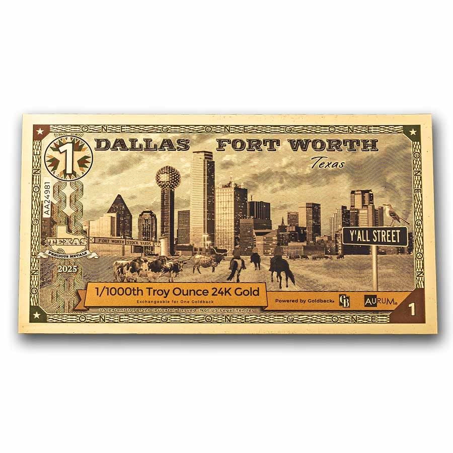 New Dallas USA 1 Goldback Gold Note.... The note contains pure gold 999, (24K) 
Country: USA 