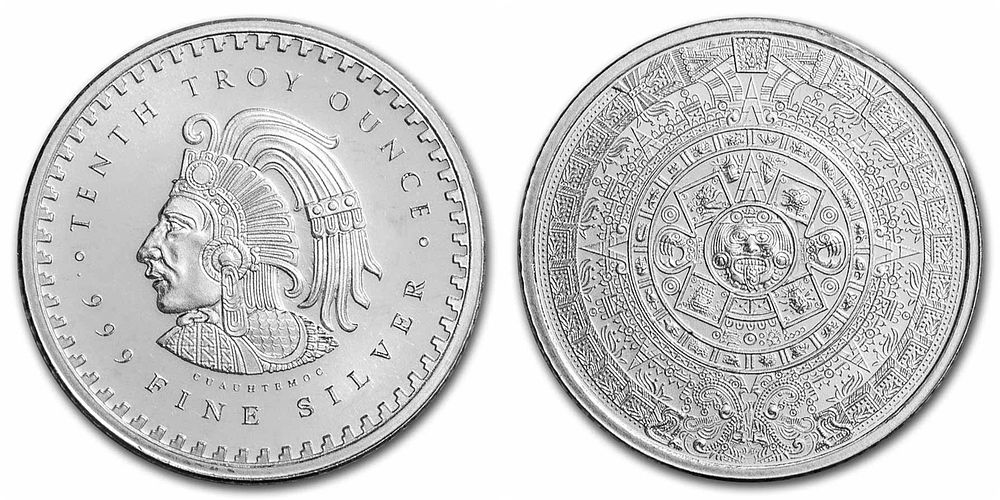 999 pure silver medal of the Aztec Emperor 1/10 ounce in UNC condition. Country: USA 
Metal: 