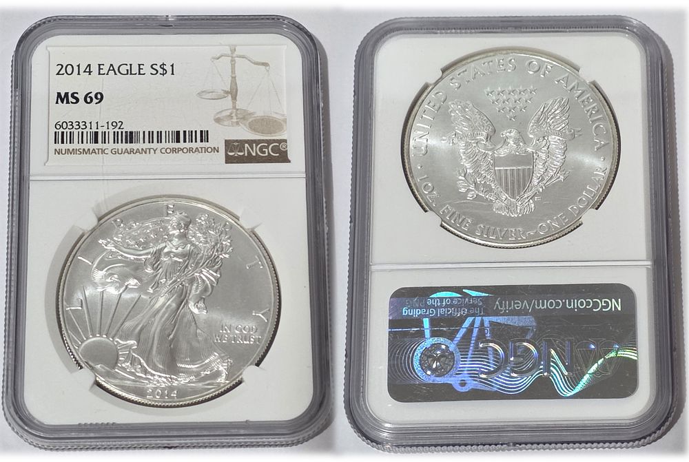 2014 American Eagle 999 Pure Silver Dollar Coin
NGC Graded MS69. American Eagle Dollar MS69 