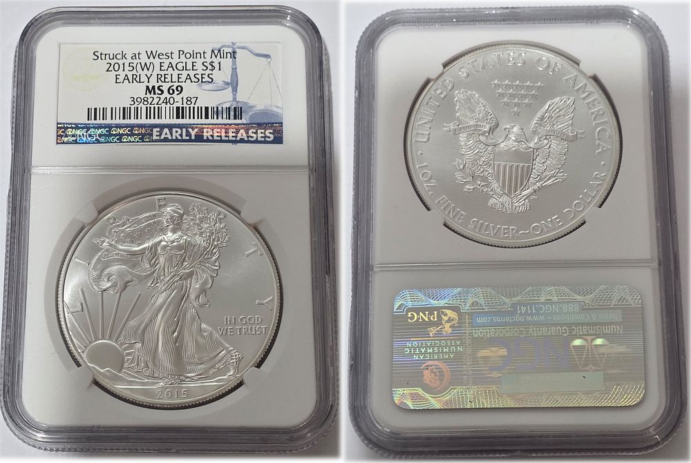 2015 American Eagle 999 Pure Silver Dollar Coin
NGC Graded MS69. American Eagle Dollar MS69 