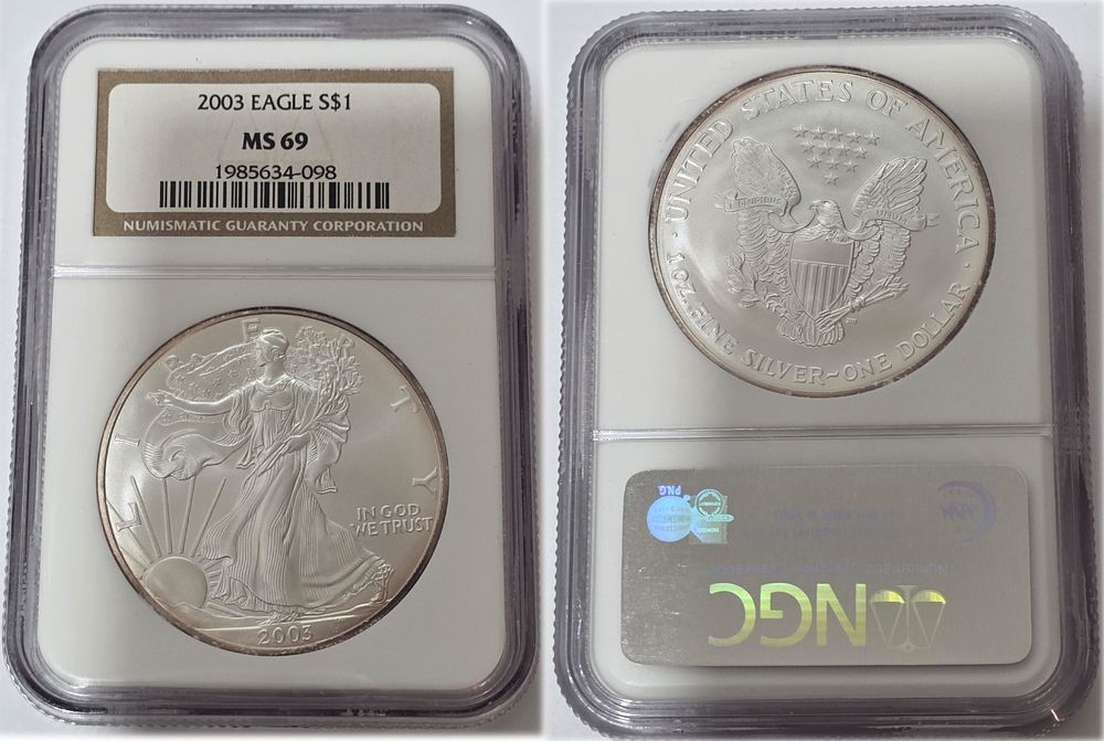 999 Pure Silver American Eagle Dollar Coin 2003
Graded by NGC at MS69, 
high value due to 