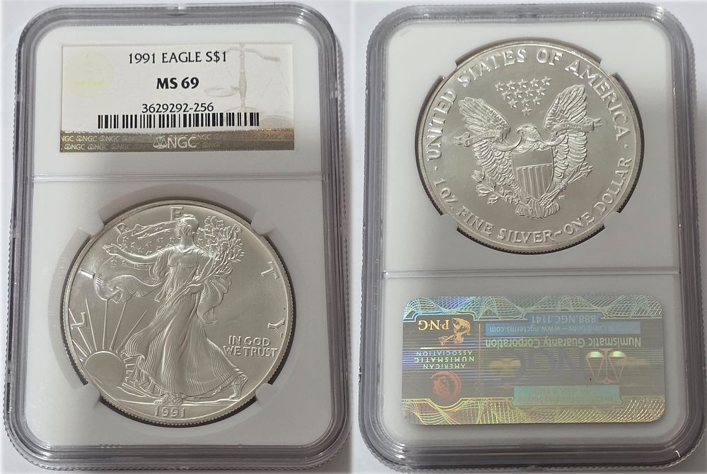 1991 American Eagle 999 Sterling Silver Coin
Graded NGC MS69. American Eagle Dollar MS69 
Year 