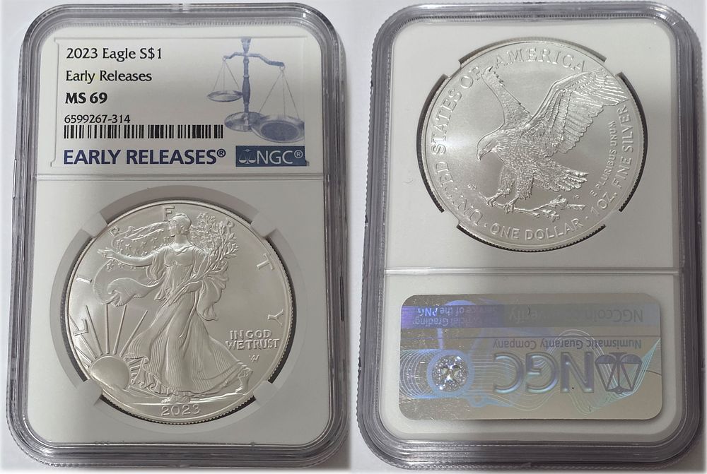 2023 American Eagle 999 Pure Silver Coin USD
Graded NGC MS69. American Eagle Dollar MS69 
Year 
