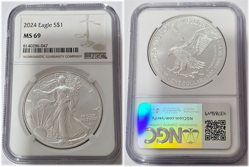 2024 American Eagle 999 Pure Silver Coin USD
Graded NGC MS69. American Eagle Dollar MS69 
Year 