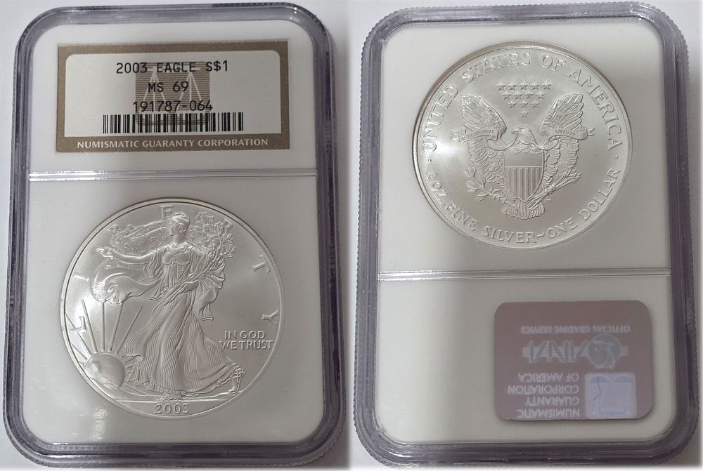 2003 American Eagle 999 Pure Silver Dollar Coin
NGC Graded MS69. American Eagle Dollar MS69 