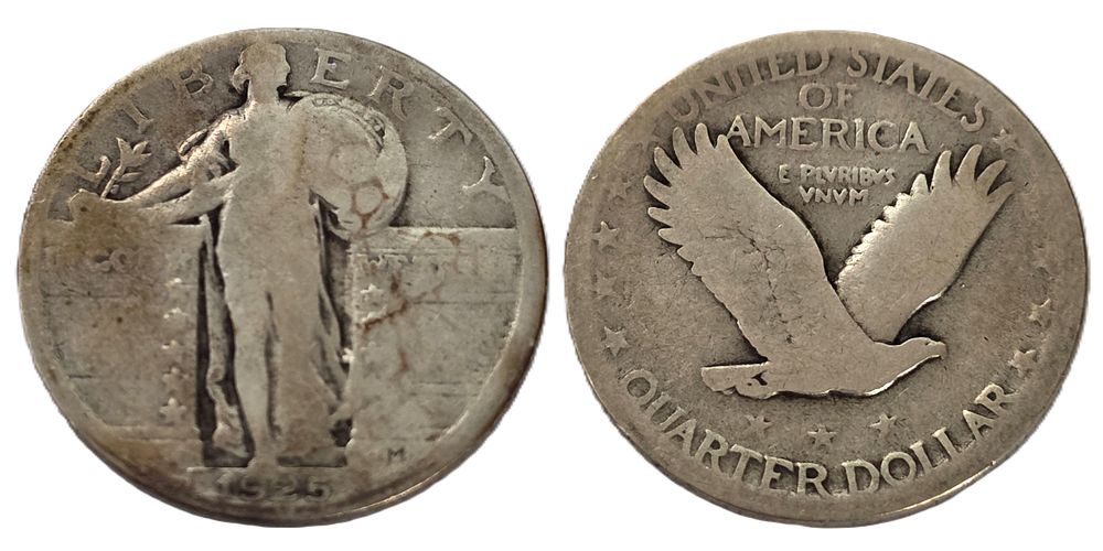 900 Fine Standing Liberty Quarter 1925 Silver Coin (Collectible Coin). Year of issue: 1925 