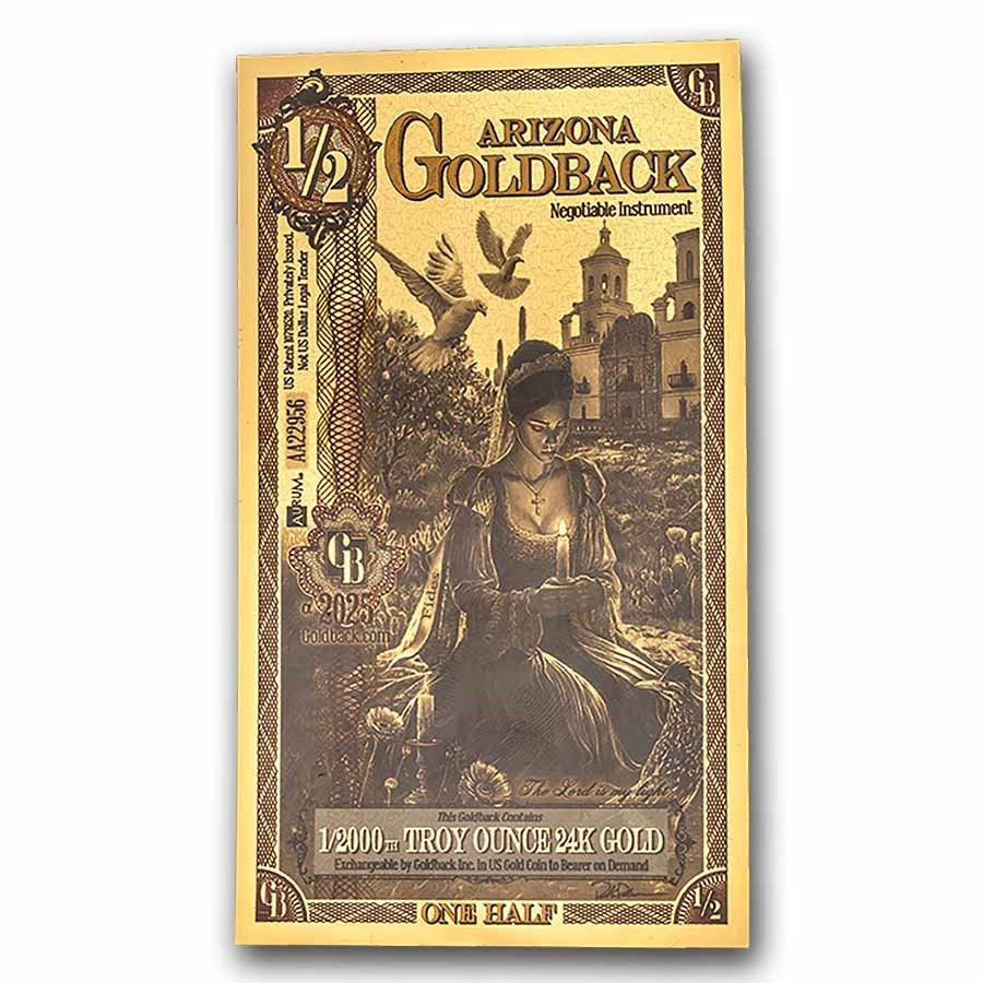 New Arizona USA 1/2 Goldback Gold Banknote.... The note contains 999 pure gold, (24K) 
Country: 
