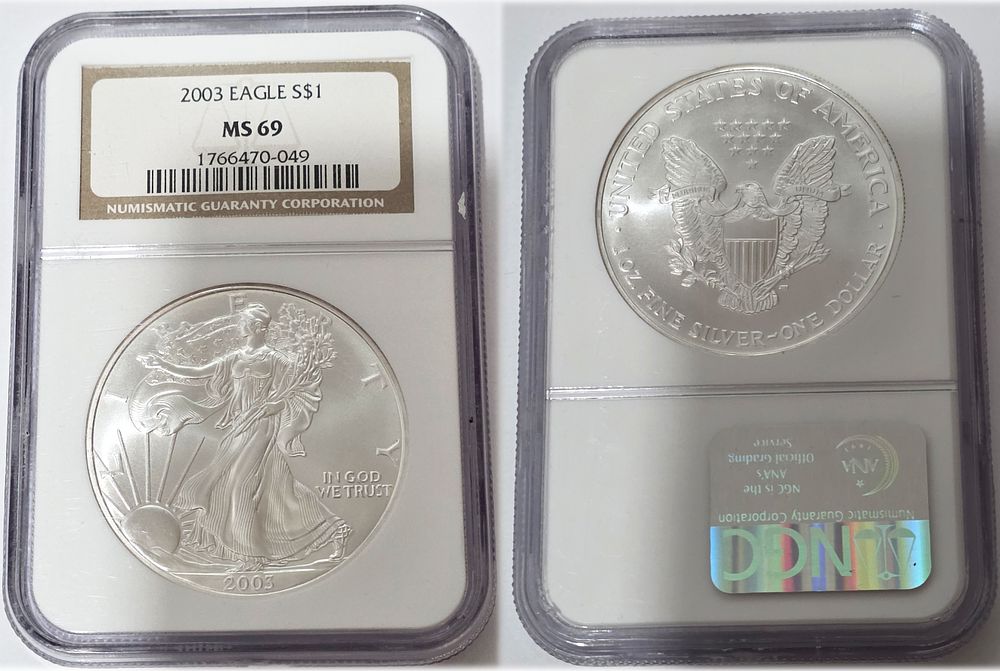 2003 American Eagle 999 Pure Silver Dollar Coin
NGC Graded MS69. American Eagle Dollar MS69 