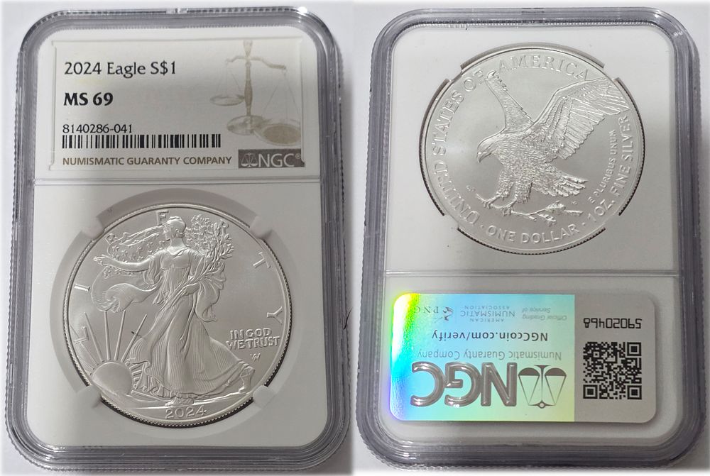 2024 American Eagle 999 Pure Silver Coin USD
Graded NGC MS69. American Eagle Dollar MS69 
Year 