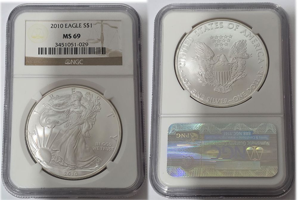 2010 American Eagle 999 Pure Silver Dollar Coin
NGC Graded MS69. American Eagle Dollar MS69 