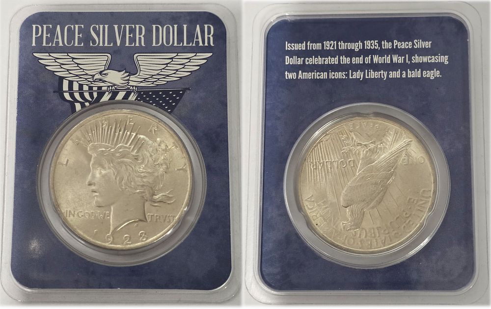 מטבע כסף בטוהר 900 ליברטי PEACE שנת 1923 במצב BU המטבע בכרטיס אטום לשמירה מיוחדת. למשקיעים ואספנים. 