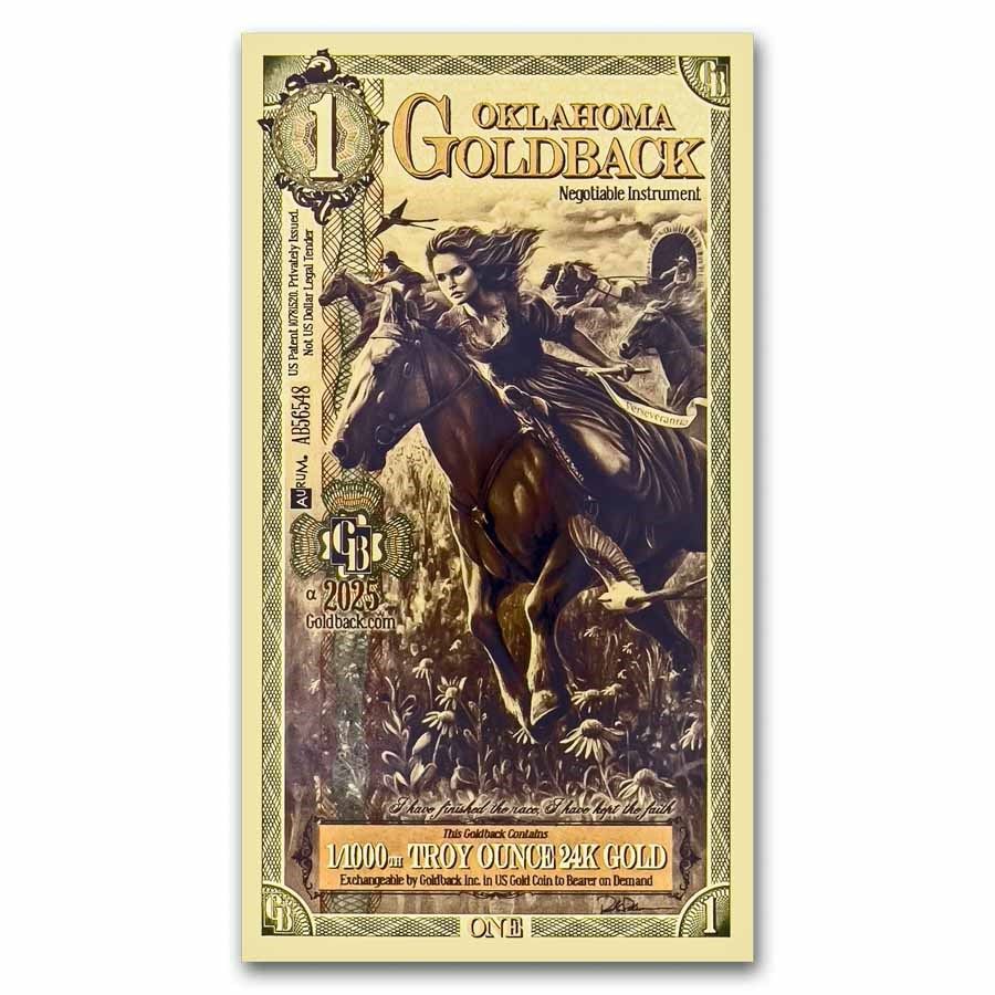 שטר הזהב 1 Goldback אוקלהומה ארה"ב חדש.... השטר מכיל זהב טהור 999, (24K) 
מדינה: ארה"ב אוקלהומה 