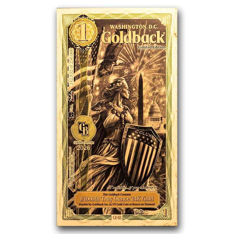 שטר הזהב 1 Goldback וושינגטון D.C ארה"ב חדש.... השטר מכיל זהב טהור 999, (24K) 
מדינה: ארה"ב 