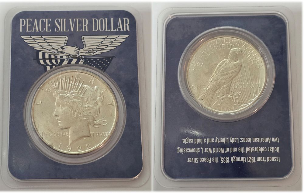 מטבע כסף בטוהר 900 ליברטי PEACE שנת 1922 במצב BU המטבע בכרטיס אטום לשמירה מיוחדת. למשקיעים ואספנים. 