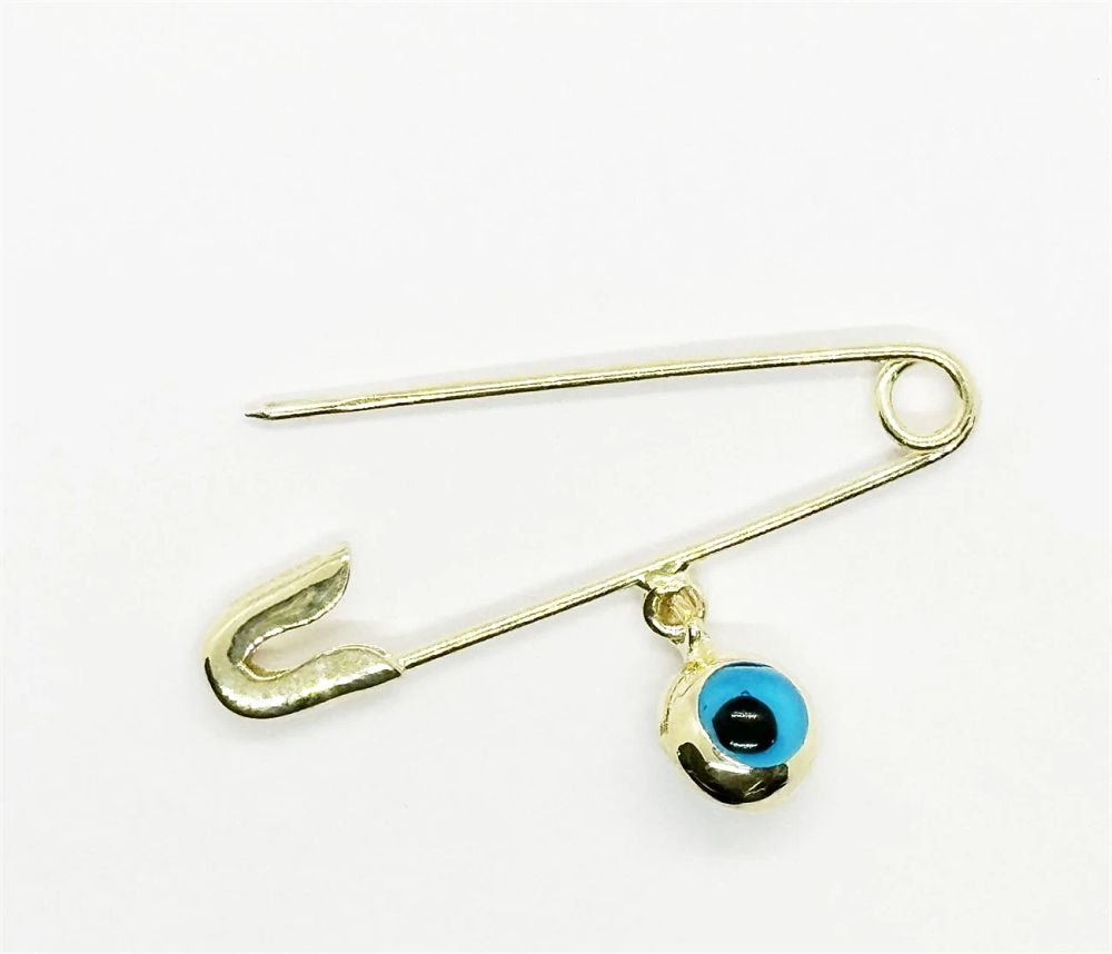 New 14K yellow gold safety pin pendant with eye.... Gold Metal 
Purity: 14K 
Color: Yellow 
