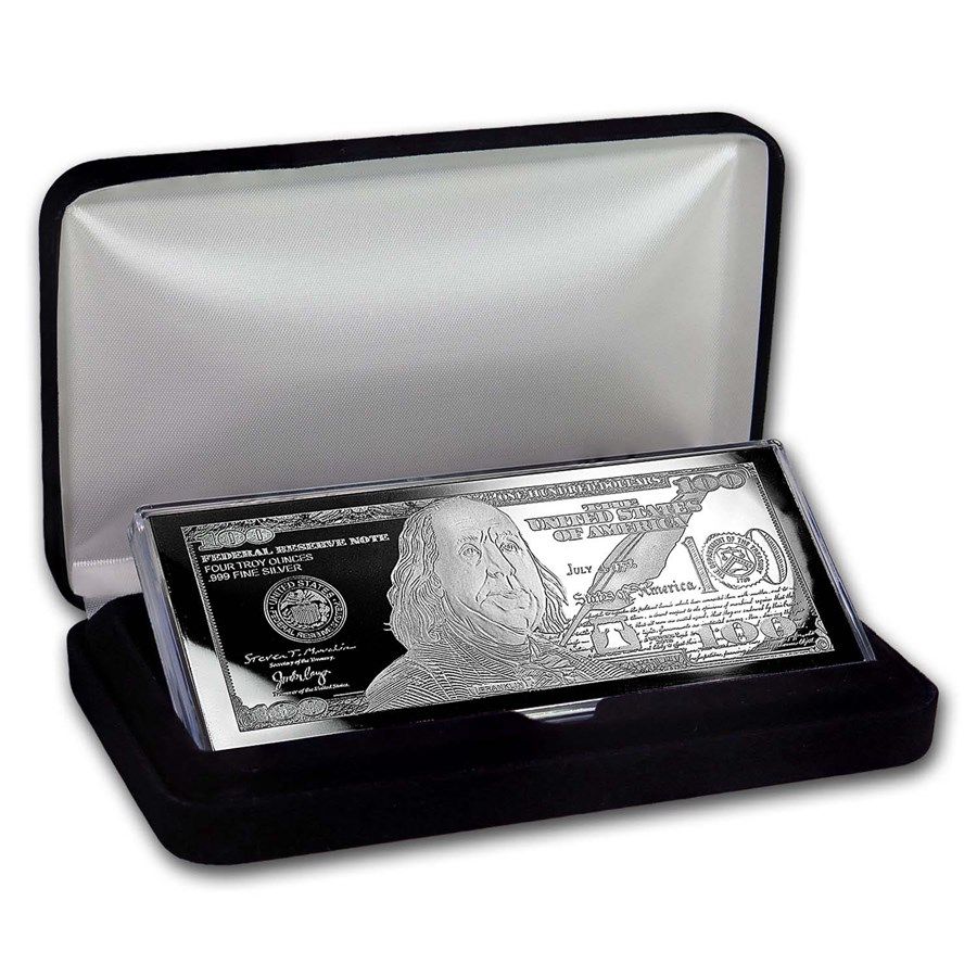 .999 Pure Silver Bar Shaped Like a $100 Bill, 4 Troy Ounces (Extra-large bar suitable for 