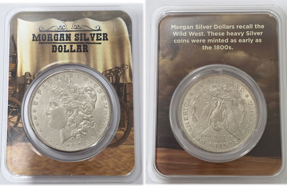 1889 Morgan Silver Dollar (.900 purity) in BU condition.
The coin is sealed in a protective 