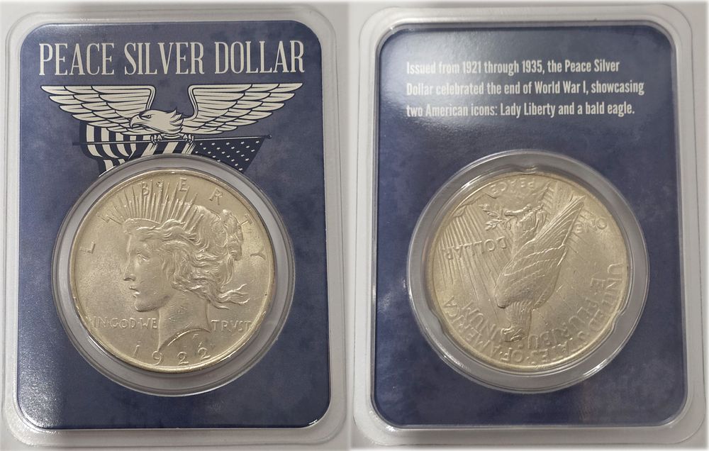 1922 Liberty Peace Silver Coin (.900 purity), BU condition.
The coin comes in a sealed holder 