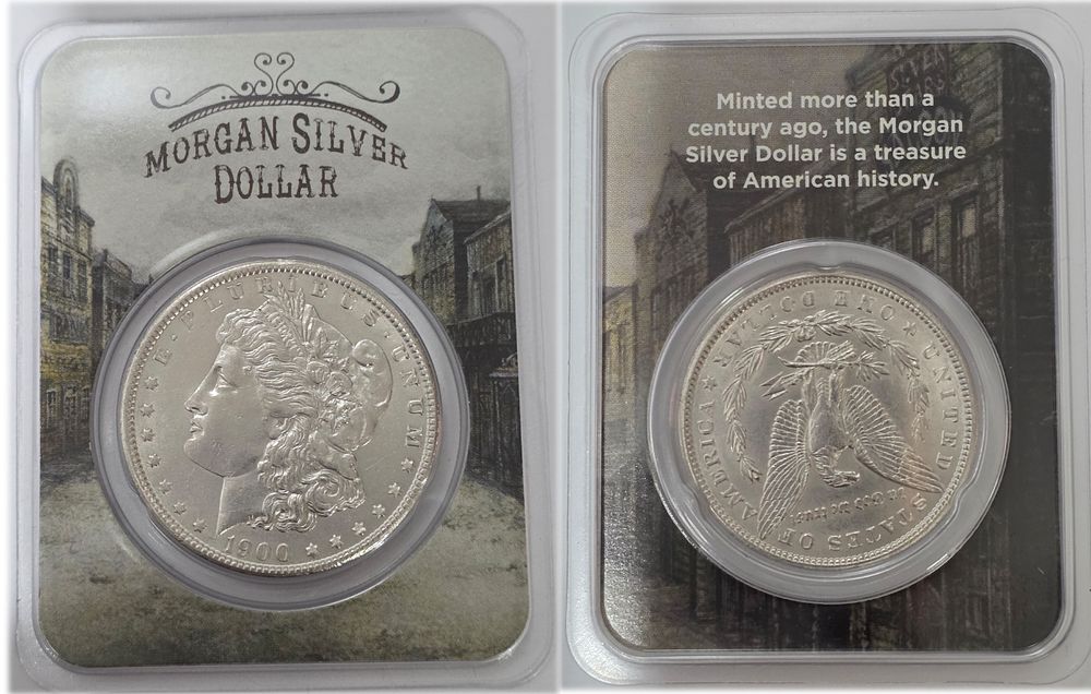 1900 Morgan Dollar (.900 fine silver) in BU condition.
The coin comes in a sealed holder for 