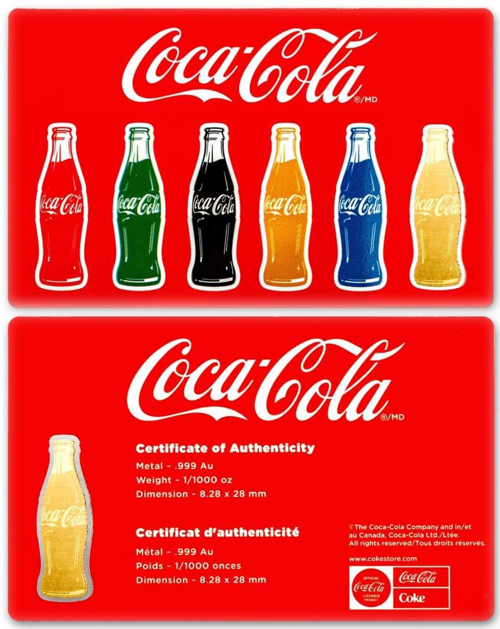A 999 pure gold ingot shaped like a Coca-Cola bottle, encased in a branded plastic card for 
