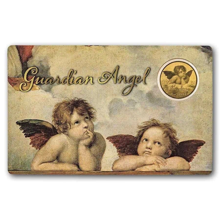 .999 pure gold medal featuring a "Guardian Angel" design, encased in a branded plastic card for 