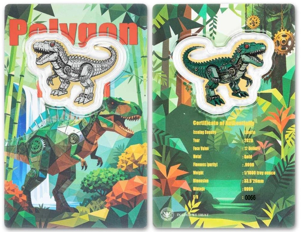 999 pure gold bar in a branded plastic card featuring a colorful T-Rex dinosaur; weighing 