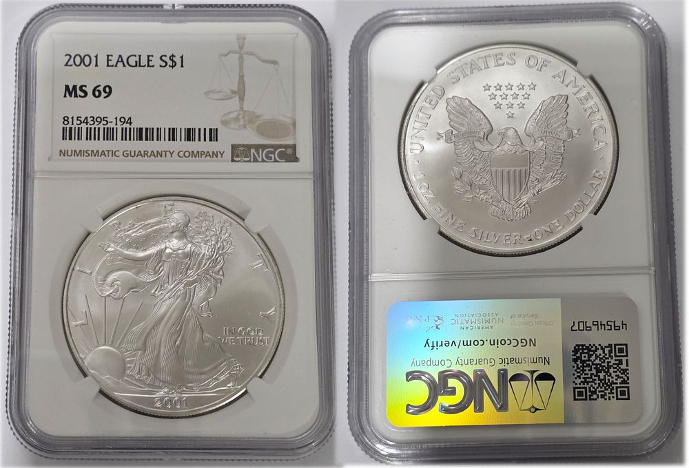 2001 American Eagle .999 Pure Silver Dollar
NGC Graded MS69. American Eagle Dollar MS69 
Year of 