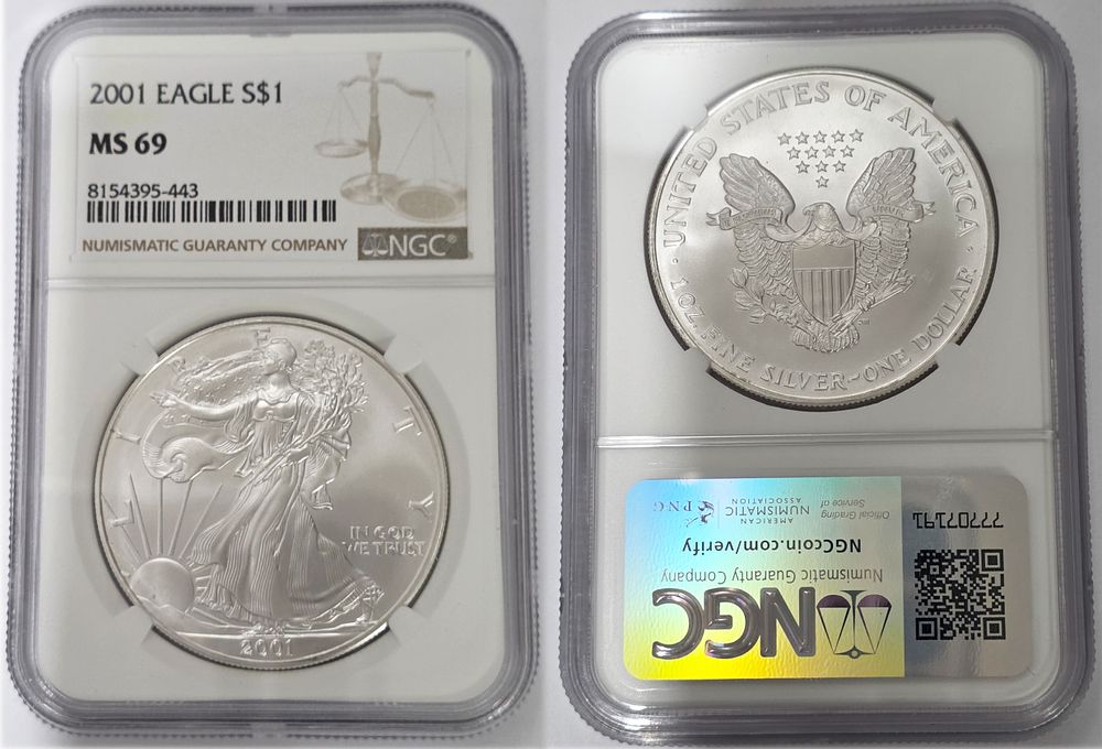 2001 American Eagle .999 Pure Silver Dollar
NGC Graded MS69. American Eagle Dollar MS69 
Year of 