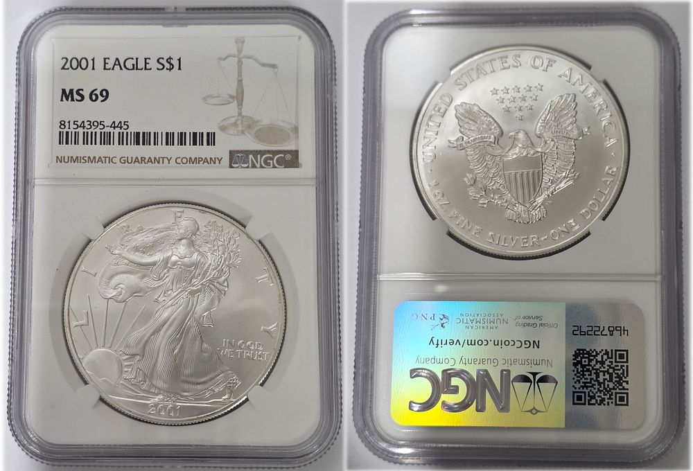 2001 American Eagle .999 Pure Silver Dollar
NGC Graded MS69. American Eagle Dollar MS69 
Year of 
