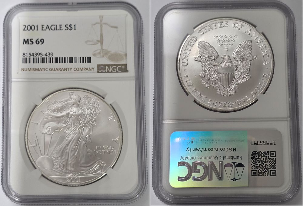 2001 American Eagle .999 Pure Silver Dollar
NGC Graded MS69. American Eagle Dollar MS69 
Year of 