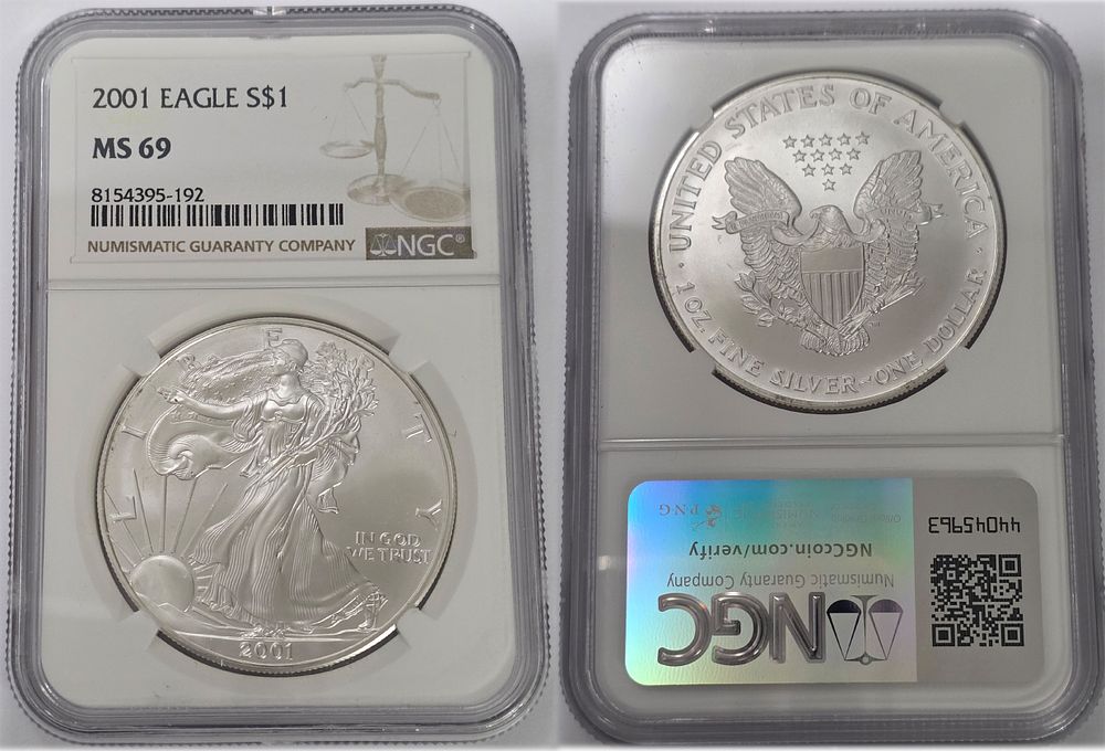 2001 American Eagle .999 Pure Silver Dollar
NGC Graded MS69. American Eagle Dollar MS69 
Year of 