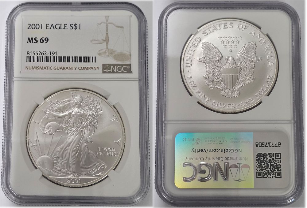2001 American Eagle .999 Pure Silver Dollar
NGC Graded MS69. American Eagle Dollar MS69 
Year of 
